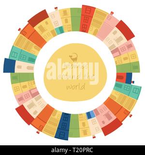 Multi-colored houses arranged in circle on white background Stock Vector