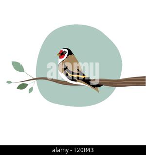 Cute goldfinch on a branch isolated on white background. Vector Illustration Stock Vector
