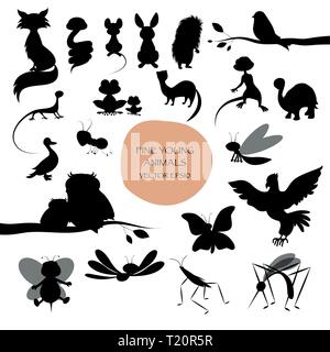 Silhouettes of cute animals isolated on white background. Mammals, birds, reptiles, insects. Stock Vector