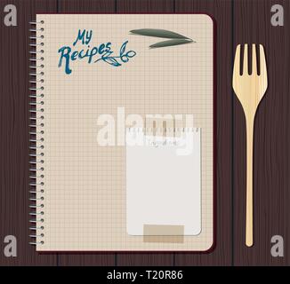 Recipe notebook graph with hand drawn text. Olive leaves and sheet of small notebook attached with adhesive tape. Wooden fork. Wooden background. Stock Vector