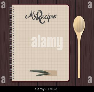 Recipe notebook with hand drawn text. Olive and laurel leaves with adhesive tape. Blank space. Stock Vector