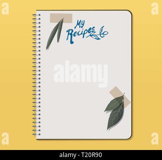 Recipe notebook with hand drawn text. Olive and laurel leaves with adhesive tape. Blank space. Stock Vector