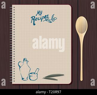 Recipe notebook graph with hand drawn text, oilcan and mortar. Olive leaves. Spoon fork. Wooden background. Stock Vector