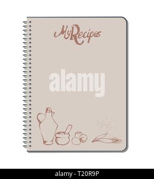 Recipe notebook with hand drawn text, oilcan, mortar, eggs and olive leaves. stains of ink drops. Blank space Stock Vector