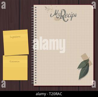 Recipe notebook with hand drawn text. Olive and laurel leaves with adhesive tape. Yellow sticky notes. Blank space. Stock Vector