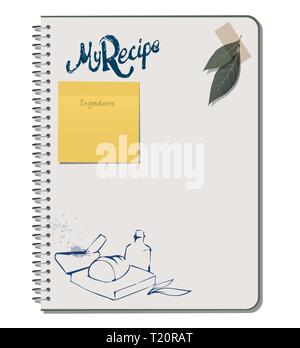 Recipe notebook with hand drawn text, mortar, oilcan, bread, wood plank and olive leaves. Laurel leaves with adhesive tape. Yellow sticky notes. Blank Stock Vector