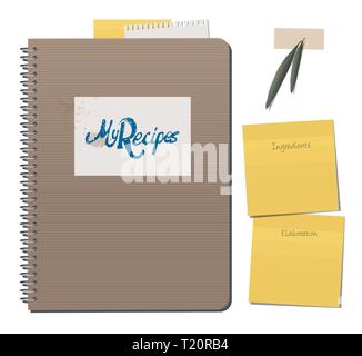 Recipe notebook with hand drawn text. Olive and laurel leaves with adhesive tape. Blank space. Stock Vector