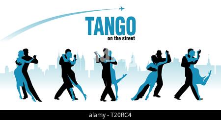 Five couples dancing Argentinian Tango. City skyline and plane flying on the background Stock Vector