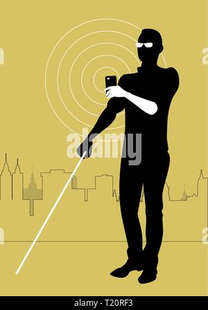 Mobile Technology for People with Visual Impairments. Blind man using smartphone with adapted technology Stock Vector