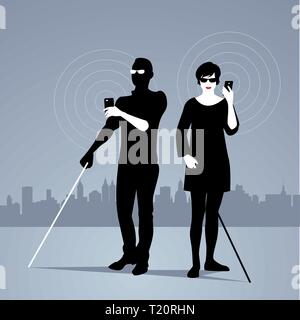 Mobile Technology for People with Visual Impairments. Couple of blind people using smartphones with adapted technology Stock Vector