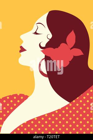 Beautiful spanish woman with flower in her hair and polka dot dress wearing big circular earrings Stock Vector