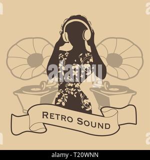 Silhouette of DJ woman retro style with headphones and gramophones on the background Stock Vector