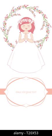 First communion celebration reminder. Cute girl wearing a white dress, surrounded by flower wreath. Space for text. Stock Vector