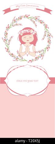 First communion celebration reminder. Cute girl wearing a white dress, surrounded by flower wreath. Space for text. Stock Vector