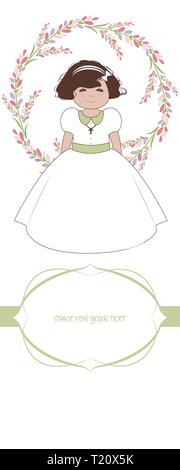 First communion celebration reminder. Cute girl wearing a white dress, surrounded by flower wreath. Space for text. Stock Vector