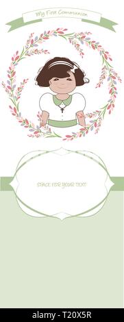 First communion celebration reminder. Cute girl wearing a white dress, surrounded by flower wreath. Space for text. Stock Vector