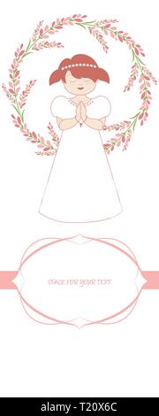 First communion celebration reminder. Cute girl wearing a white dress, surrounded by flower wreath. Space for text. Stock Vector