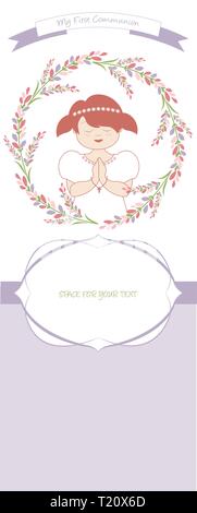 First communion celebration reminder. Cute girl wearing a white dress, surrounded by flower wreath. Space for text. Stock Vector