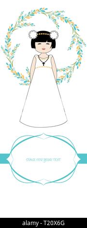 First communion celebration reminder. Cute girl wearing a white dress, surrounded by flower wreath. Space for text. Stock Vector