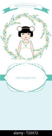 First communion celebration reminder. Cute girl wearing a white dress, surrounded by flower wreath. Space for text. Stock Vector