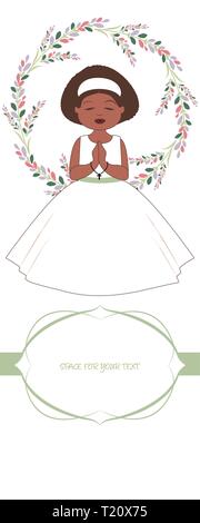 First communion celebration reminder. Cute girl wearing a white dress, surrounded by flower wreath. Space for text. Stock Vector