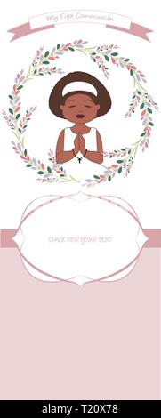 First communion celebration reminder. Cute girl wearing a white dress, surrounded by flower wreath. Space for text. Stock Vector