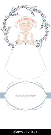 First communion celebration reminder. Cute girl wearing a white dress, surrounded by flower wreath. Space for text. Stock Vector