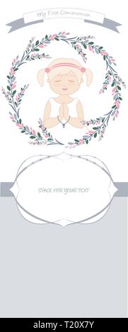 First communion celebration reminder. Cute girl wearing a white dress, surrounded by flower wreath. Space for text. Stock Vector