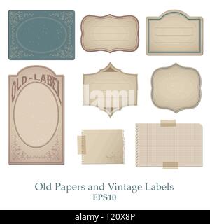 Set of old papers, stained, bent and spoiled and vintage labels with grunge texture and various dies Stock Vector
