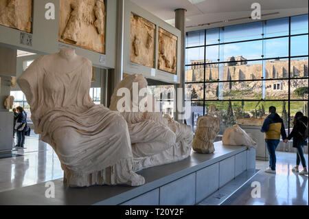 The Parthenon and Acropolis seen through the windows of the new Acropolis Museum,  designed by architect Bernard Tschumi,  Athens, Greece Stock Photo