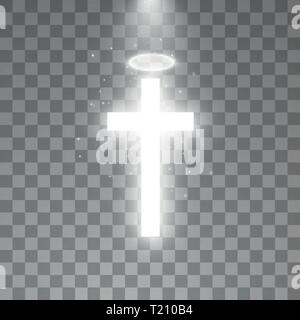 Shining white cross and white halo angel ring on transparent background. Glowing saint cross. Vector illustration Stock Vector