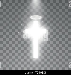 Shining white cross and white halo angel ring and sunlight special lens flare light effect on transparent background. Glowing saint cross. Vector Stock Vector