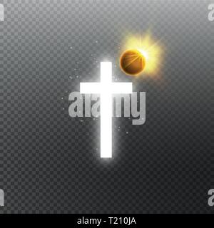 Shining white cross and total solar eclipse on transparent background. Glowing saint cross. Vector illustration Stock Vector