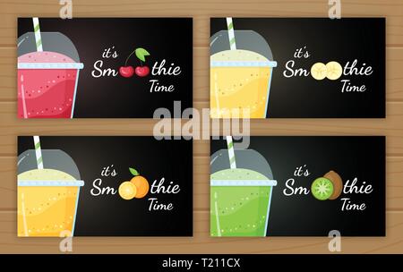 Natural smoothie fruit shake vector logo illustration. Set of tasty fruit, glass with colorful layers of smoothies cocktail and smoothie logo for fitness landing page concept. Clipping mask applied. Stock Vector