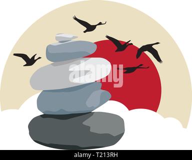 zen stones, wild birds and sky with red sun Stock Vector