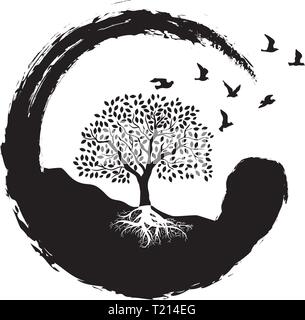 tree, birds and zen symbol Stock Vector