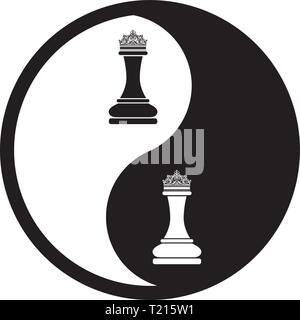 Black And White Yin Yang Logo. Queen Chess Figure Stock Vector