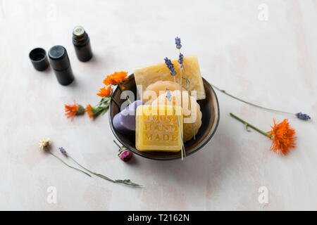Various glycerin soaps with caustic soda Stock Photo