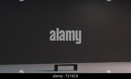 Blank black huge gallery wall with bench in museum mockup, 3d rendering. Empty wide exibition display mock up, side view. Clear art canvas in lobby or hall template. Stock Photo