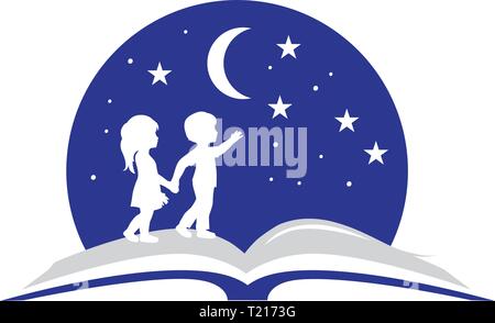 Book, Kids, Moon and Stars, logo icon Stock Vector