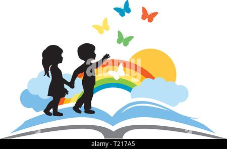 open book, kids and beautiful rainbow sky with butterflies, logo icon Stock Vector