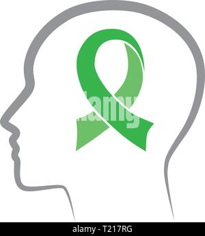 human abstract profile with green ribbon, Mental health awareness Stock Vector