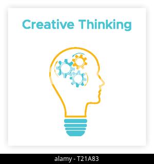 Gear head lamp creative idea concept vector illustration. Contour human profile silhouette with bright lightbulb and gear inside. Orange line lamp with head and cogwheel creative business concept. Stock Vector