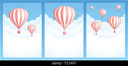 Hot air balloon cloud travel vector illustration. Set of sky art promotion banner templates with colorful striped hot air balloons, white clouds and blue sky for birthday promo. Clipping mask applied. Stock Vector