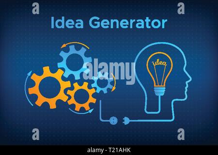 Head silhouette lightbulb creative idea concept vector illustration. Idea generator graphic with head profile, gear mechanismht bulb. Blue human silhouette with technology background idea concept. Stock Vector