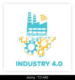 Factory and gears industry 4.0 concept vector illustration. Manufacturing digital technology design with blue factory icon, orange gears mechanism and sign INDUSTRY 4.0. Smart factory and automation. Stock Vector