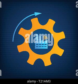 Factory and gear icon industry 4.0 concept vector illustration. Manufacturing revolution technology graphic with orange cogwheel, blue factory and wireless icon. Smart industry technology background Stock Vector