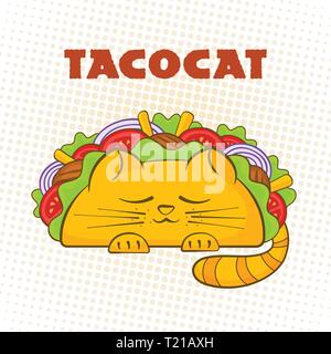 Taco cat sleeping character mexican fast food tacos symbol vector illustration. Cute cat mascot with tasty beef meat, salad and tomato in delicious taco with sign Tacocat for cafe design or promo Stock Vector