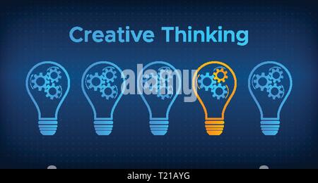 Cogwheel lightbulb creative thinking concept vector illustration. Creative people graphic idea with gear and light bulb. Blue lamp silhouette with orange lamp technology background concept. Stock Vector