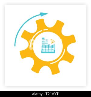 Factory and gear icon industry 4.0 concept vector illustration. Manufacturing revolution technology graphic with orange cogwheel, blue factory and wireless icon. Smart industry and automation concept Stock Vector